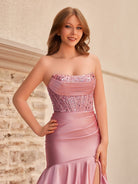 Yvonne | Charming Mermaid Strapless Pink Satin Long Prom Dresses with Appliques - KissProm