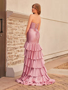 Yvonne | Charming Mermaid Strapless Pink Satin Long Prom Dresses with Appliques - KissProm