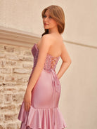 Yvonne | Charming Mermaid Strapless Pink Satin Long Prom Dresses with Appliques - KissProm