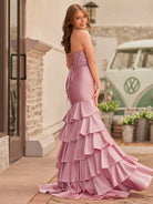 Yvonne | Charming Mermaid Strapless Pink Satin Long Prom Dresses with Appliques - KissProm