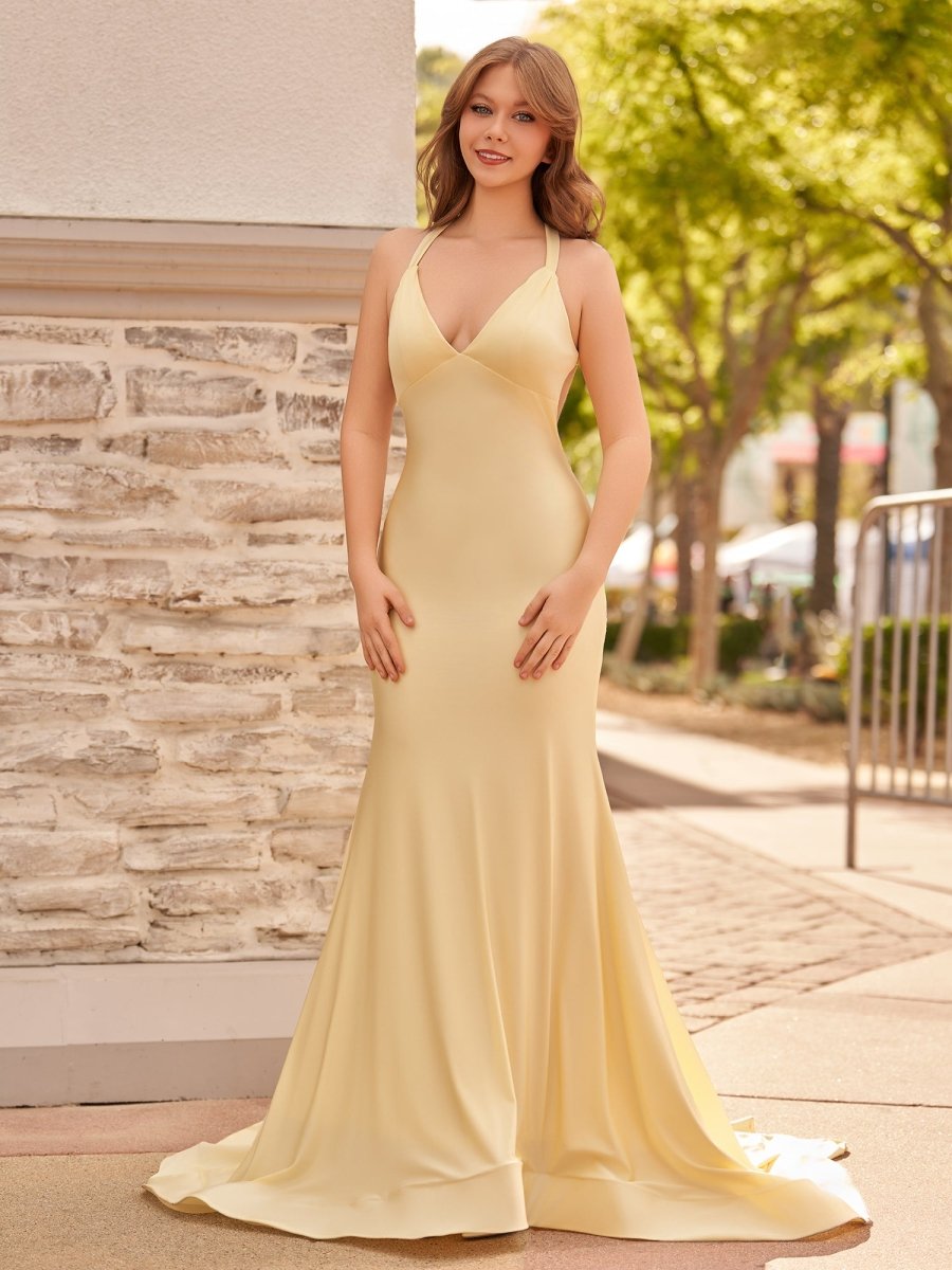 Quaylee | Yellow Mermaid V - Neck Satin Prom Dresses With Tail Evening Dress - KissProm