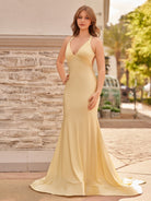 Quaylee | Yellow Mermaid V - Neck Satin Prom Dresses With Tail Evening Dress - KissProm