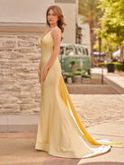 Quaylee | Yellow Mermaid V - Neck Satin Prom Dresses With Tail Evening Dress - KissProm