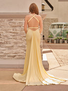 Quaylee | Yellow Mermaid V - Neck Satin Prom Dresses With Tail Evening Dress - KissProm