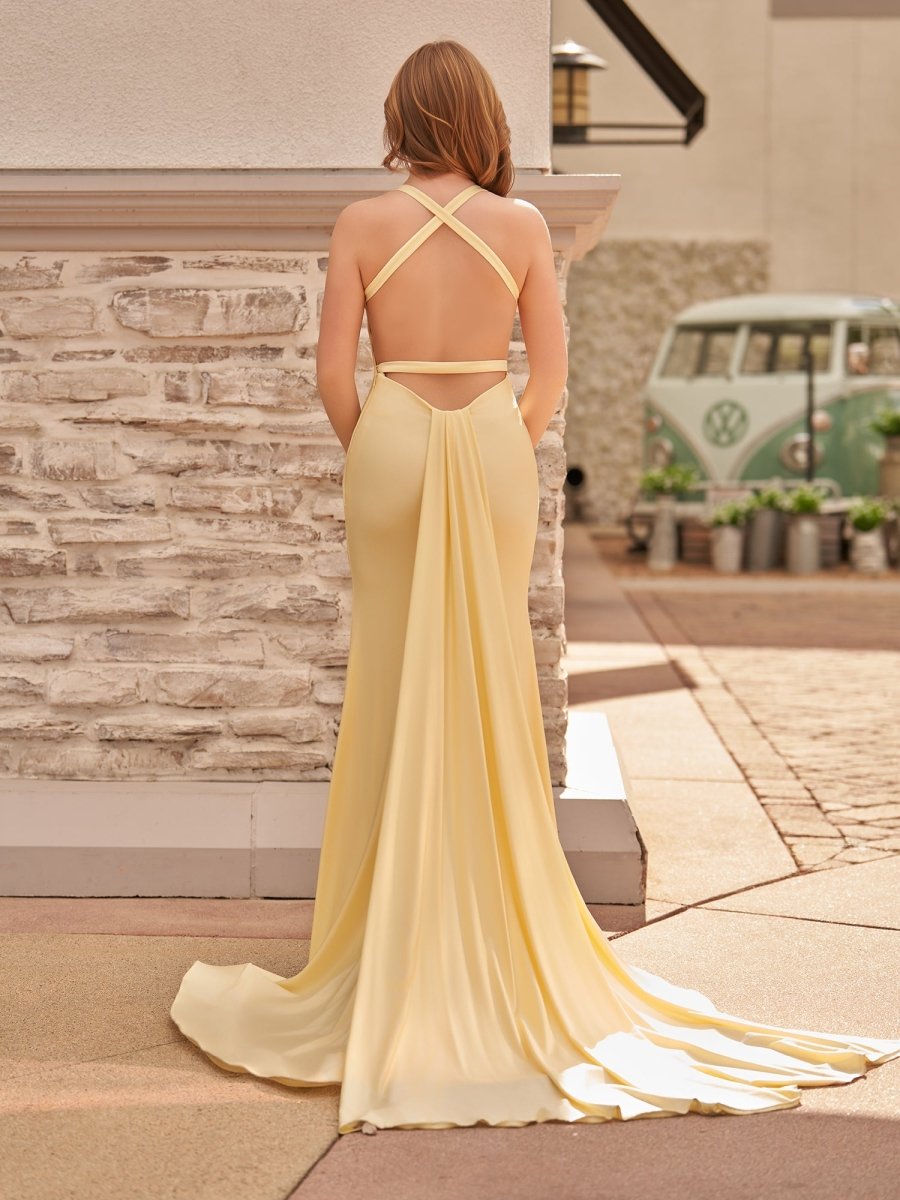 Quaylee | Yellow Mermaid V - Neck Satin Prom Dresses With Tail Evening Dress - KissProm