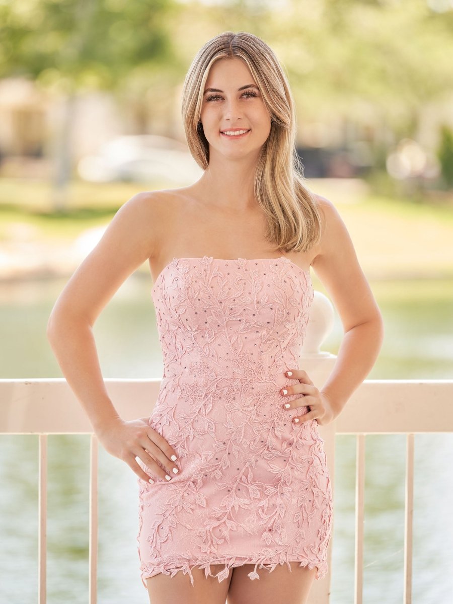 Damaris | Pink Tight Short Lace Homecoming Dress with Appliques - KissProm