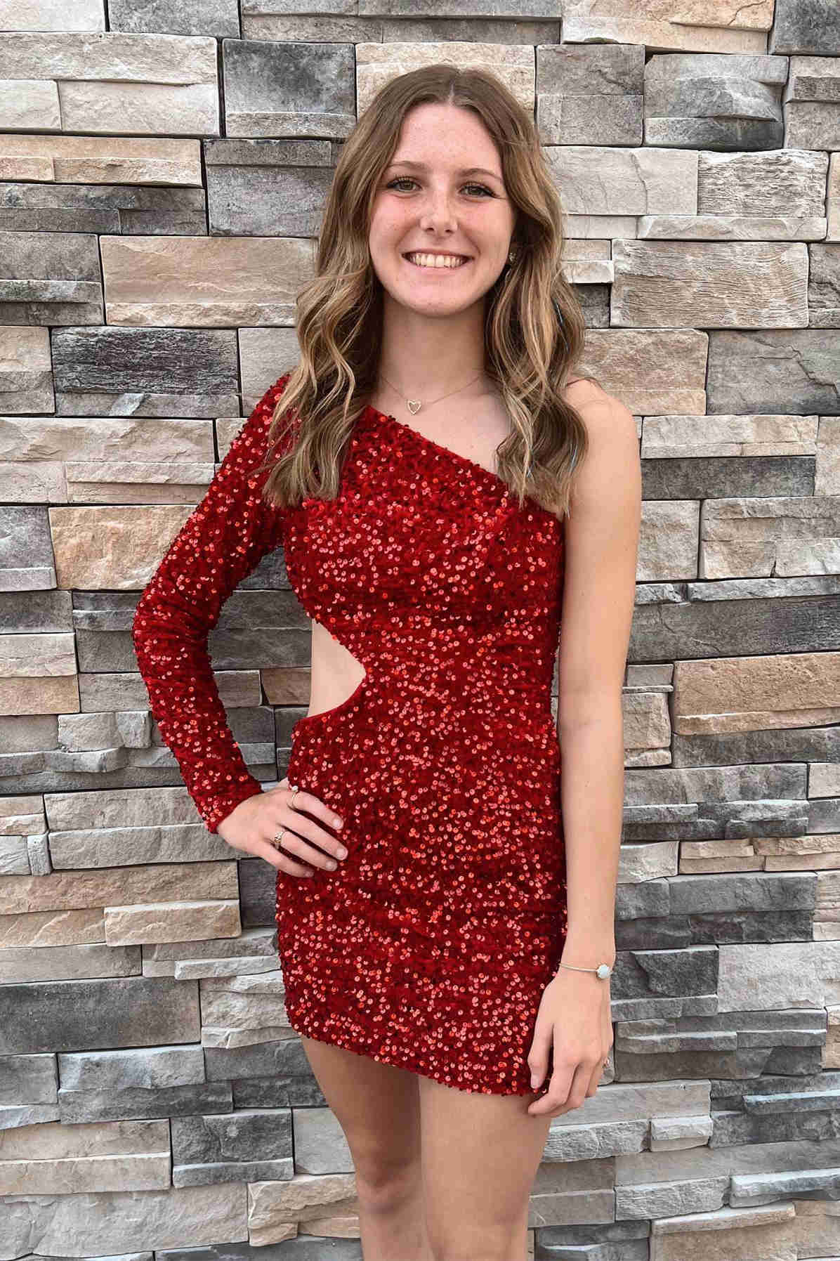Sheath Sequin One Shoulder Homecoming Dress(Right Side Long Sleeve)