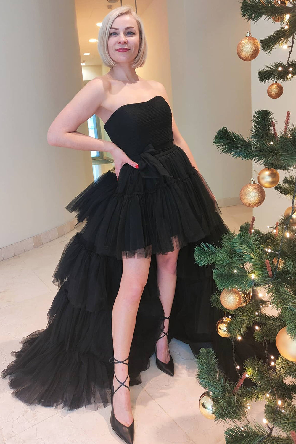 A-line High Low Strapless Tulle Prom Dress with Ruffles