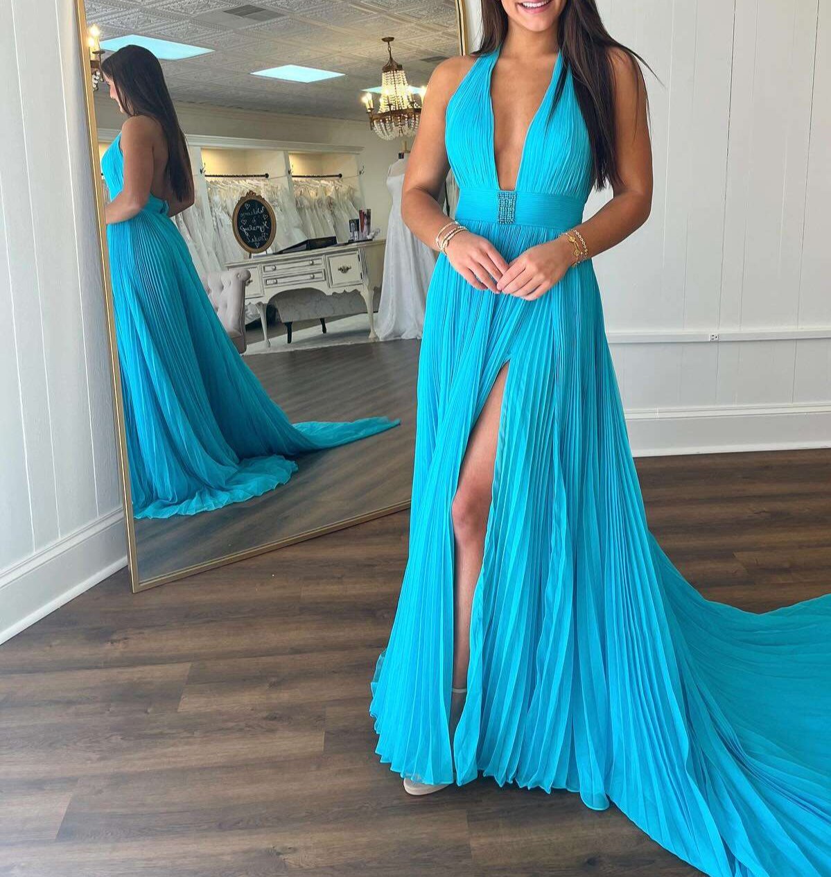 A-Line Halter Backless Pleated Blue Chiffon Long Prom Dresses