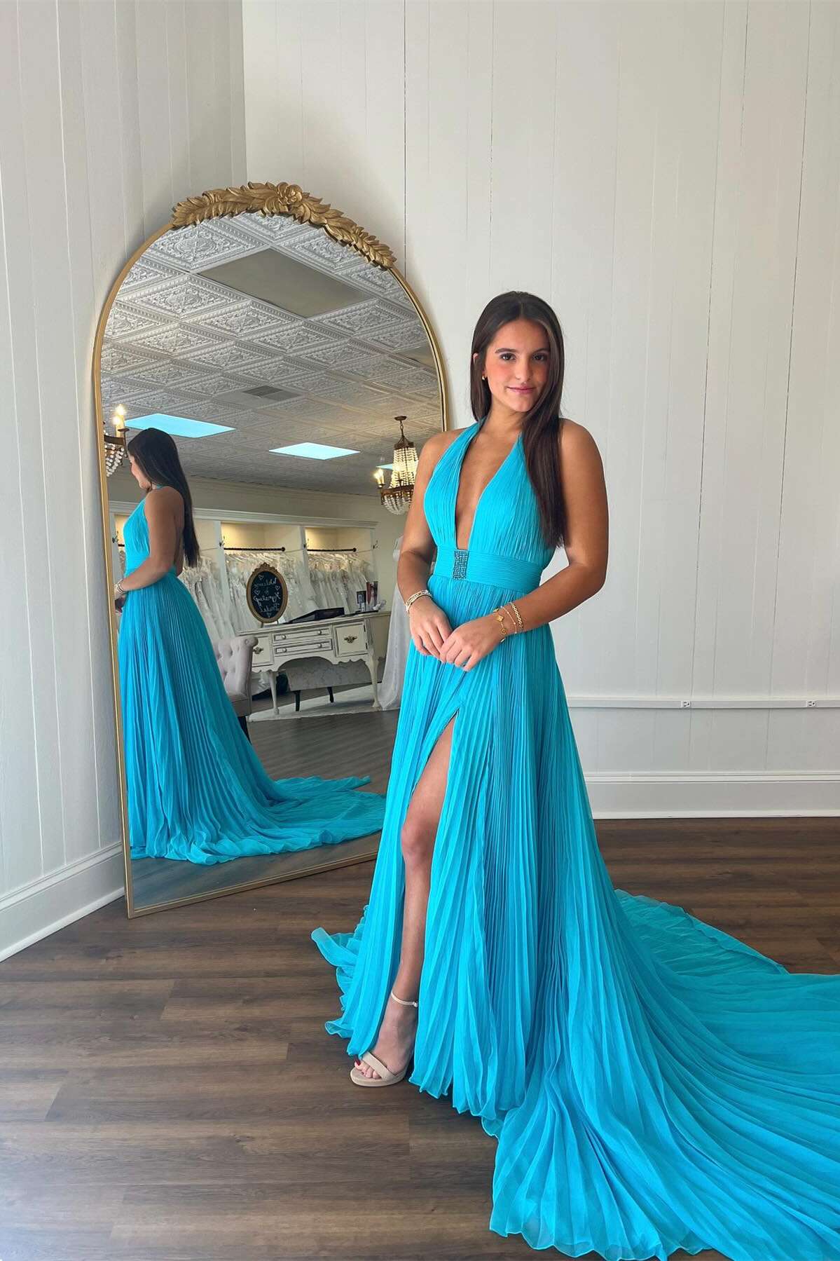 A-Line Halter Backless Pleated Blue Chiffon Long Prom Dresses