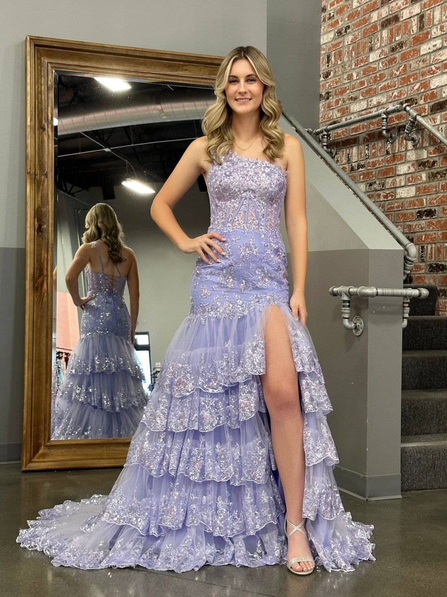 Andrea |Sheath One Shoulder Tiered Lace Long Prom Dress - KissProm