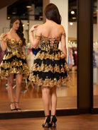 Everly | A - Line Sweetheart Tiered Gold Black Short Homecoming Dress - KissProm