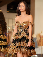 Everly | A - Line Sweetheart Tiered Gold Black Short Homecoming Dress - KissProm
