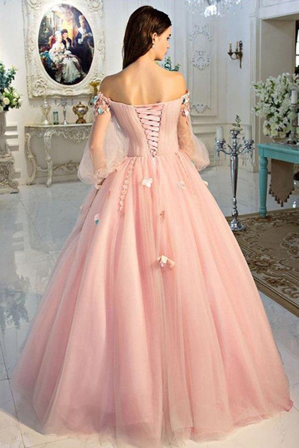 Long Sleeve Pearl Pink Off The Shoulder With Hand-made Flower Quinceanera Dress