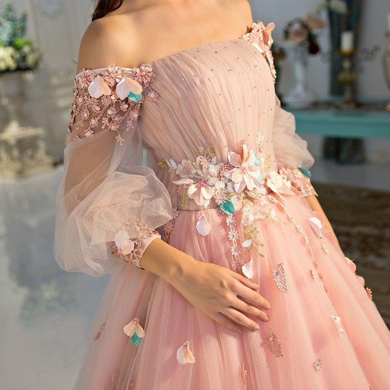 Long Sleeve Pearl Pink Off The Shoulder With Hand-made Flower Quinceanera Dress