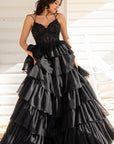 Tiered Ruffle Appliques Corset Long Prom Dress with Spaghetti Straps