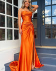 Mermaid Strapless Satin Long Prom Dress With Slit