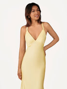 Quaylee | Yellow Mermaid V - Neck Satin Prom Dresses With Tail Evening Dress - KissProm