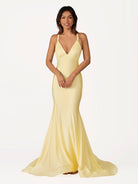 Quaylee | Yellow Mermaid V - Neck Satin Prom Dresses With Tail Evening Dress - KissProm
