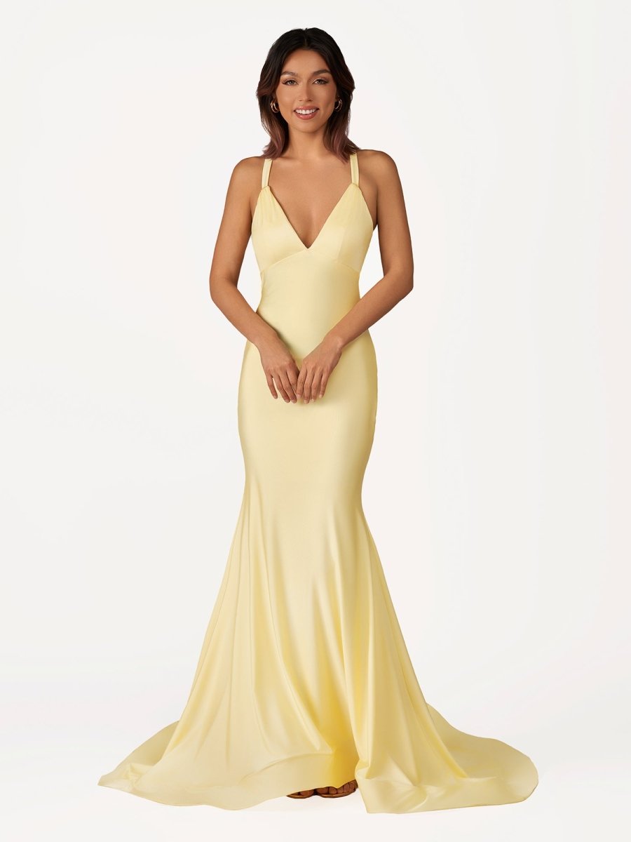 Quaylee | Yellow Mermaid V - Neck Satin Prom Dresses With Tail Evening Dress - KissProm