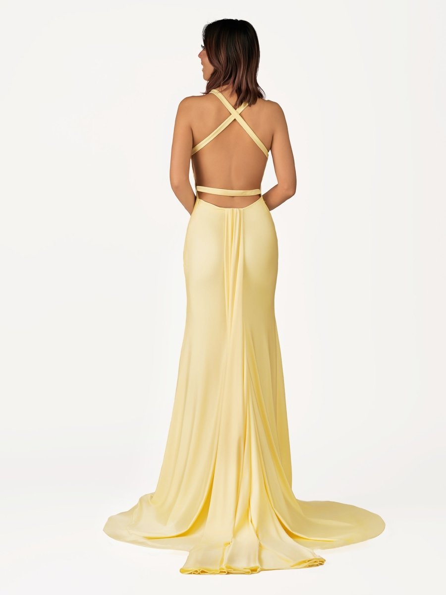 Quaylee | Yellow Mermaid V - Neck Satin Prom Dresses With Tail Evening Dress - KissProm