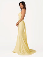 Quaylee | Yellow Mermaid V - Neck Satin Prom Dresses With Tail Evening Dress - KissProm