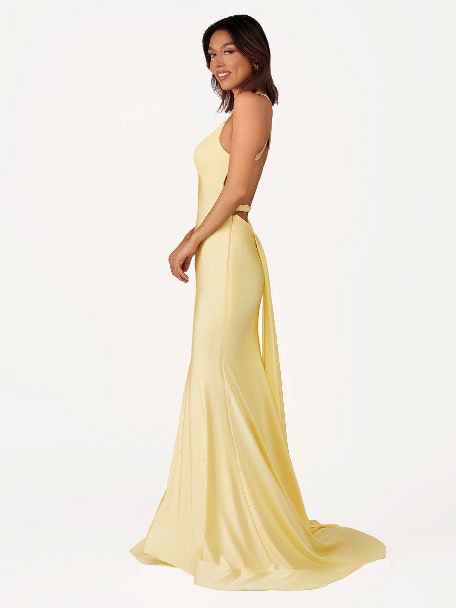 Quaylee | Yellow Mermaid V - Neck Satin Prom Dresses With Tail Evening Dress - KissProm