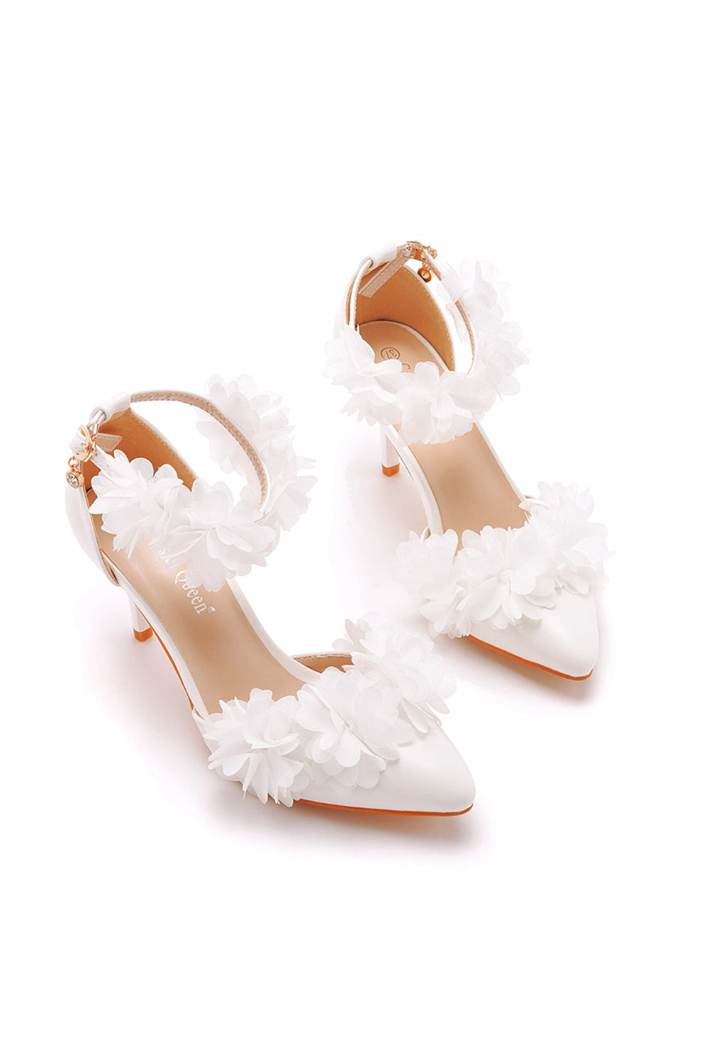 White Flowers Pointed Toe Ankle Strap High Heels