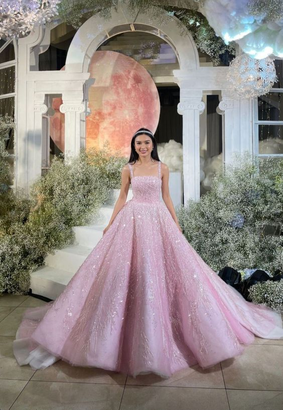 Pink Straps Sequin Beaded Long Ball Gown Quinceanera Dresses