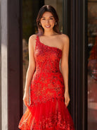 Andrea |Sheath One Shoulder Tiered Lace Long Prom Dress - KissProm