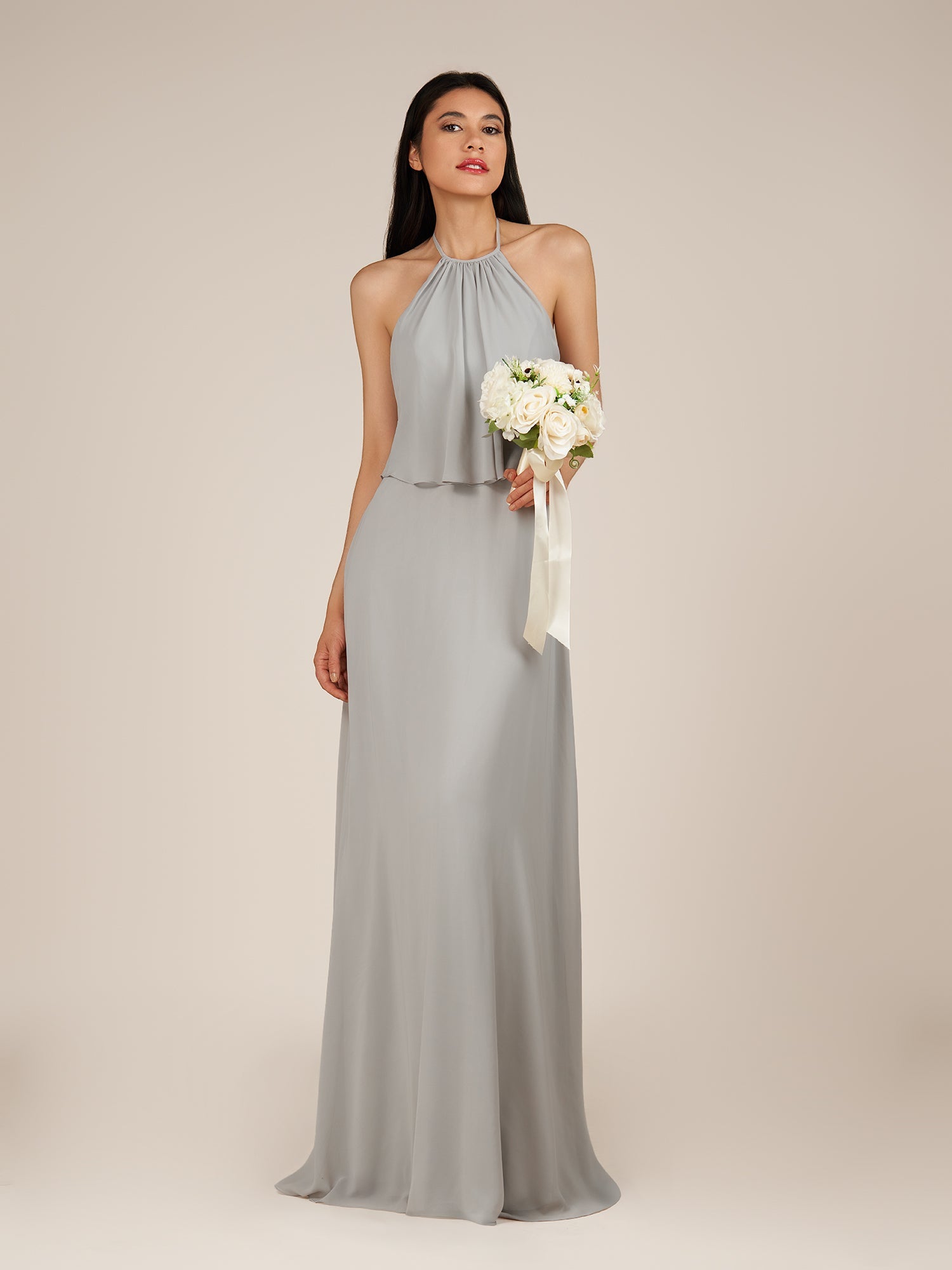 KissDress-Rhoswen Sliver Sheath Chiffon Halter Neck Long Bridesmaid Dress