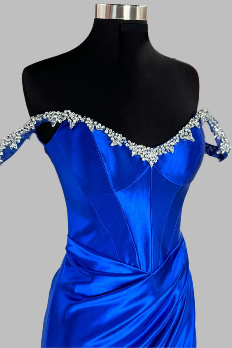 Off the Shoulder Beaded Blue Mermaid Prom Dress with Slit