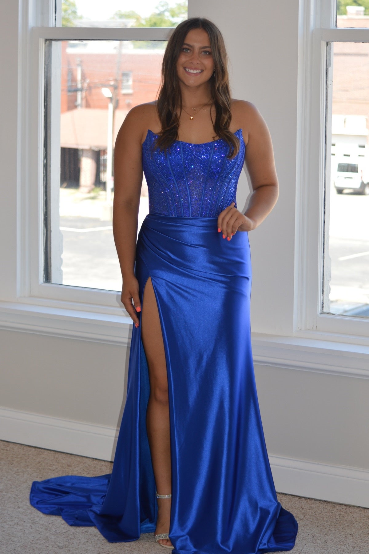 Lilac Strapless Satin Sheath Long Prom Dresses with Slit