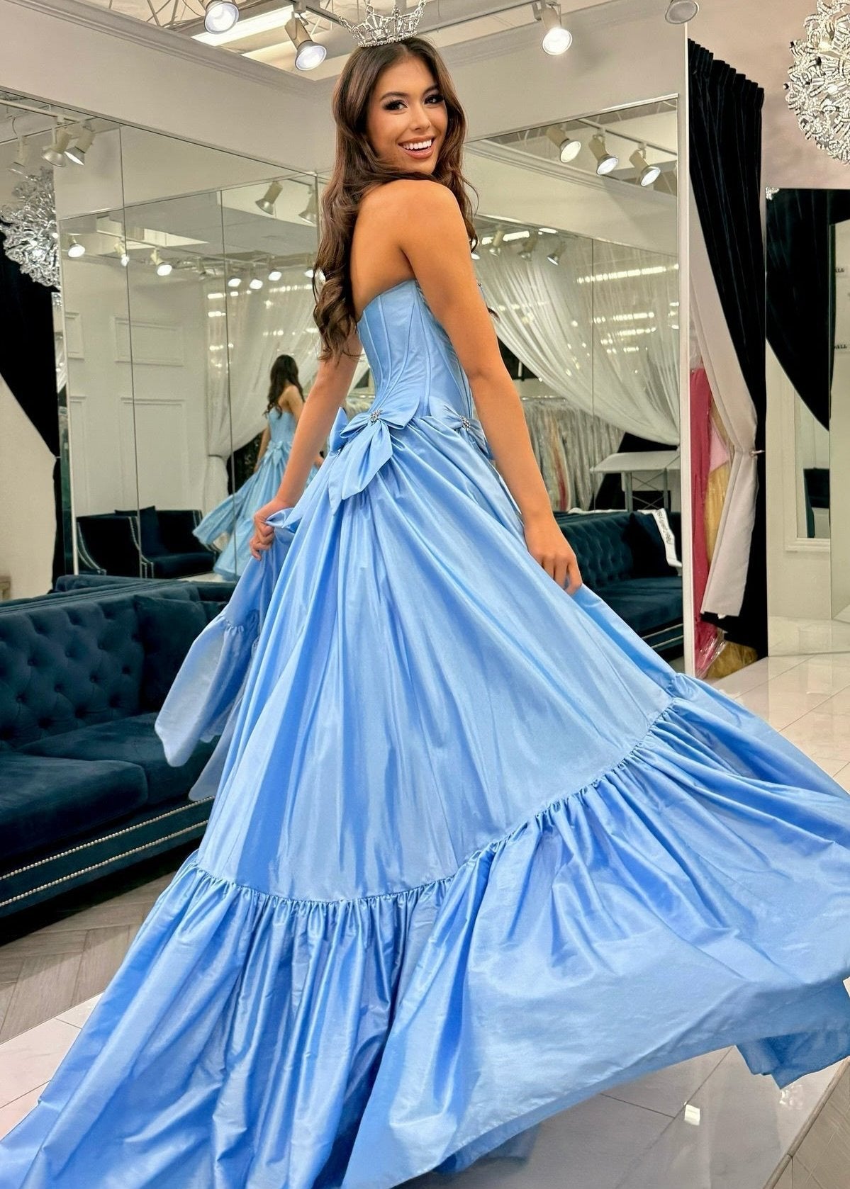 A-Line Black Scoop Neck Satin Long Prom Dresses with Bow Knots