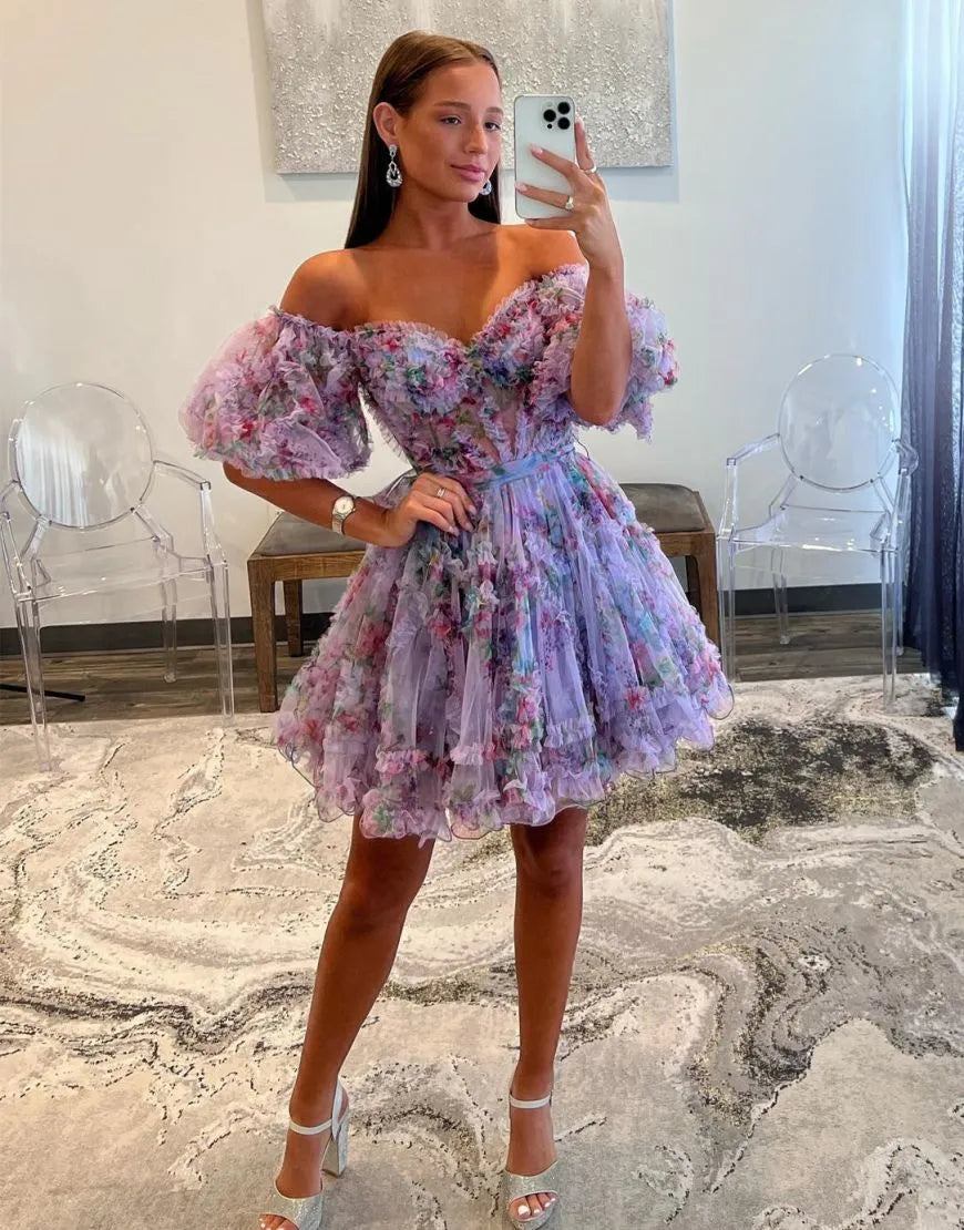 Light Purple A Line Off the Shoulder Printed Homecoming Dress