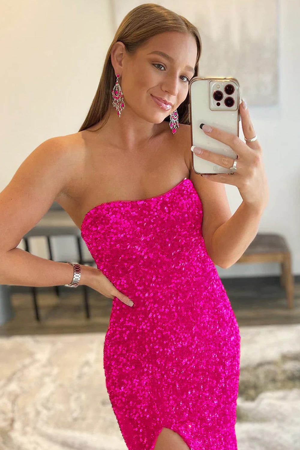 Mermaid Strapless Sequins Long Prom Dress with Slit