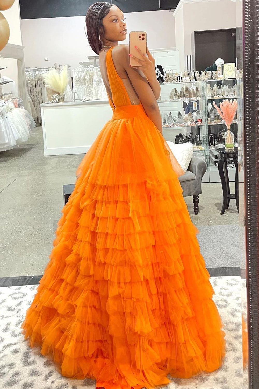 A-line Orange V-Neck Tulle Long Prom Dress