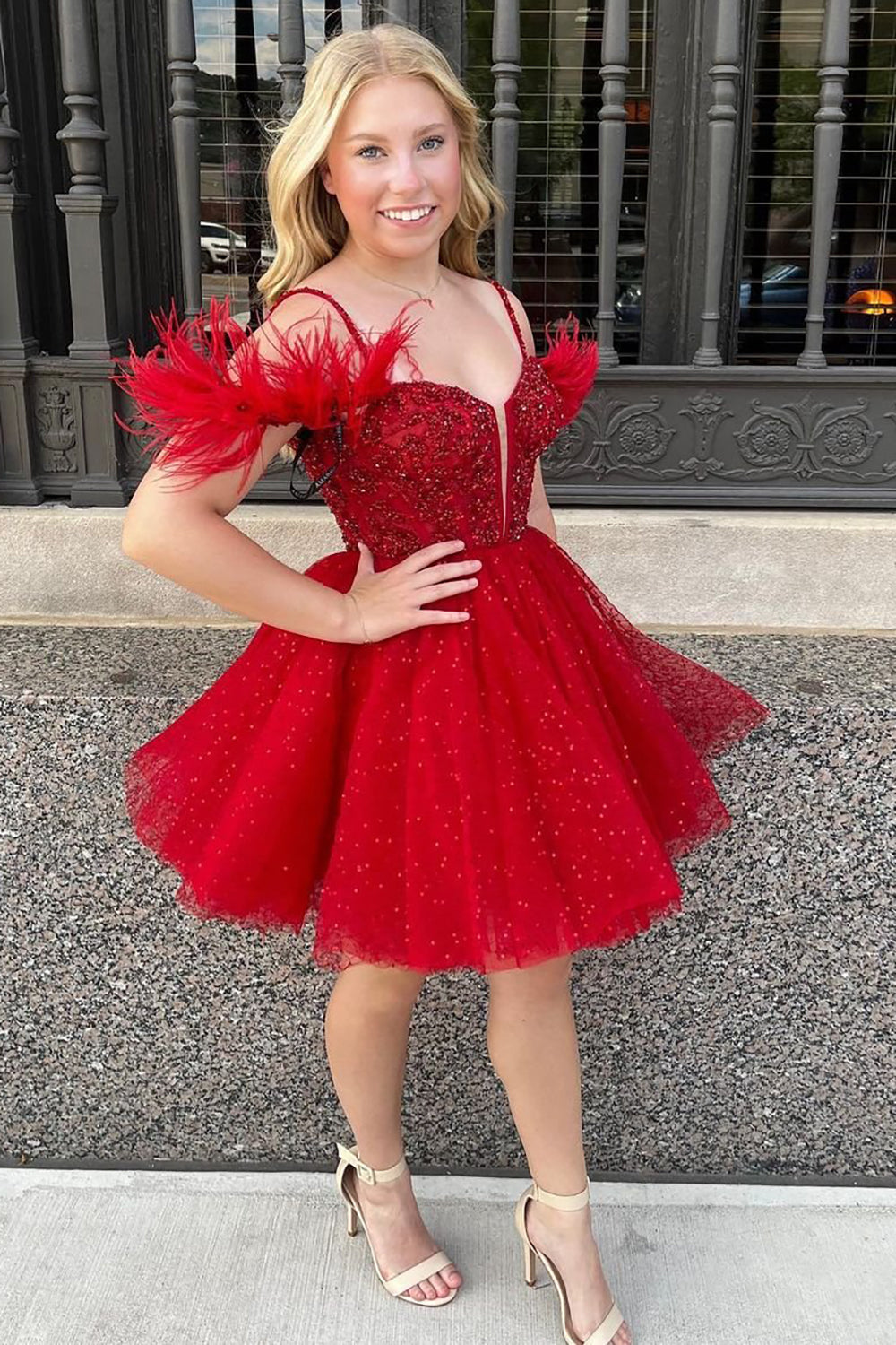 A Line Sparkling Tulle Corset Homecoming Dress with Feathers