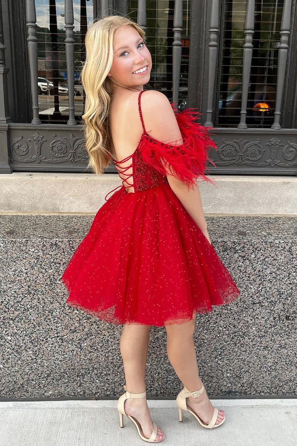 A Line Sparkling Tulle Corset Homecoming Dress with Feathers