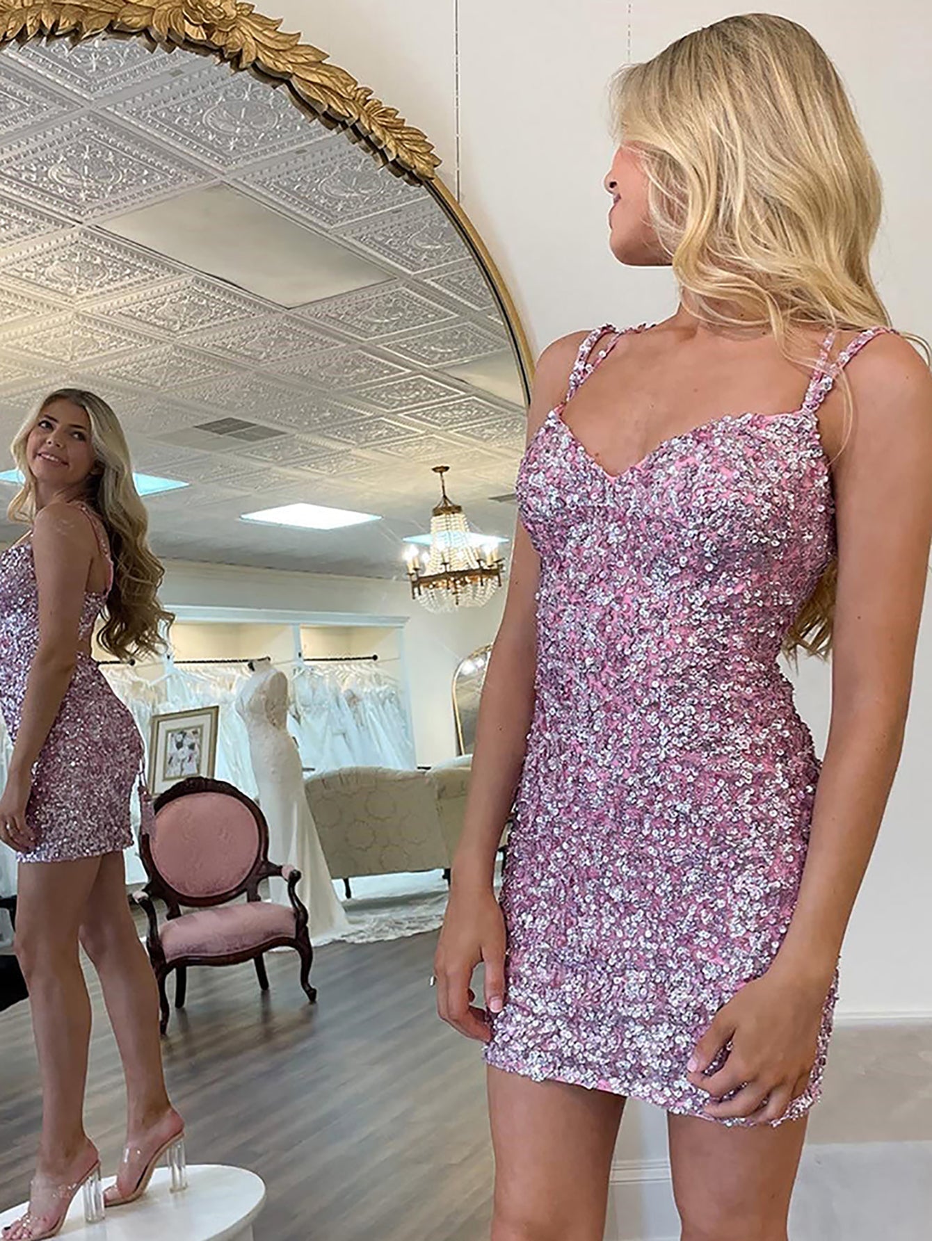 Sparkly Lilac Sequin Open Back Tight Short Homecoming Dress