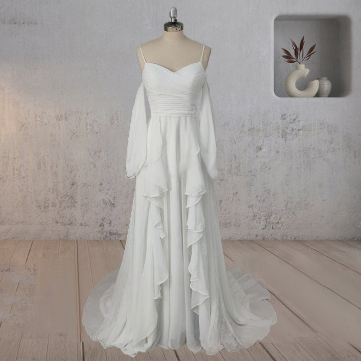 A-Line Chiffon Detachable Puffy Sleeves Wedding Dress