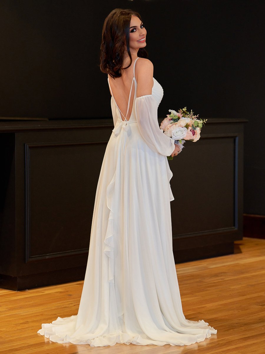 A - Line Chiffon Detachable Puffy Sleeves Wedding Dress - KissProm