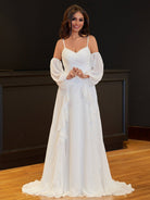 A - Line Chiffon Detachable Puffy Sleeves Wedding Dress - KissProm