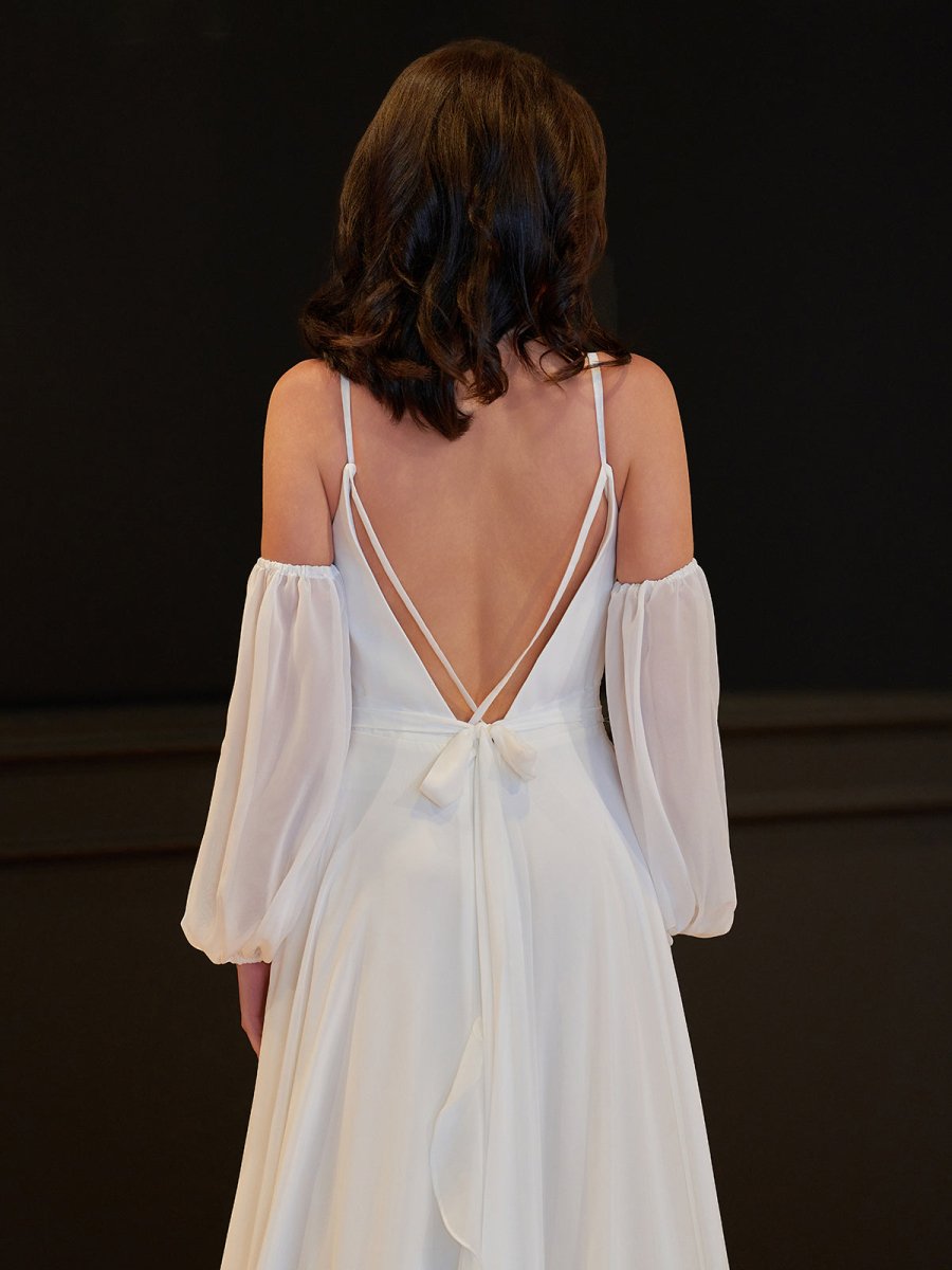 A - Line Chiffon Detachable Puffy Sleeves Wedding Dress - KissProm