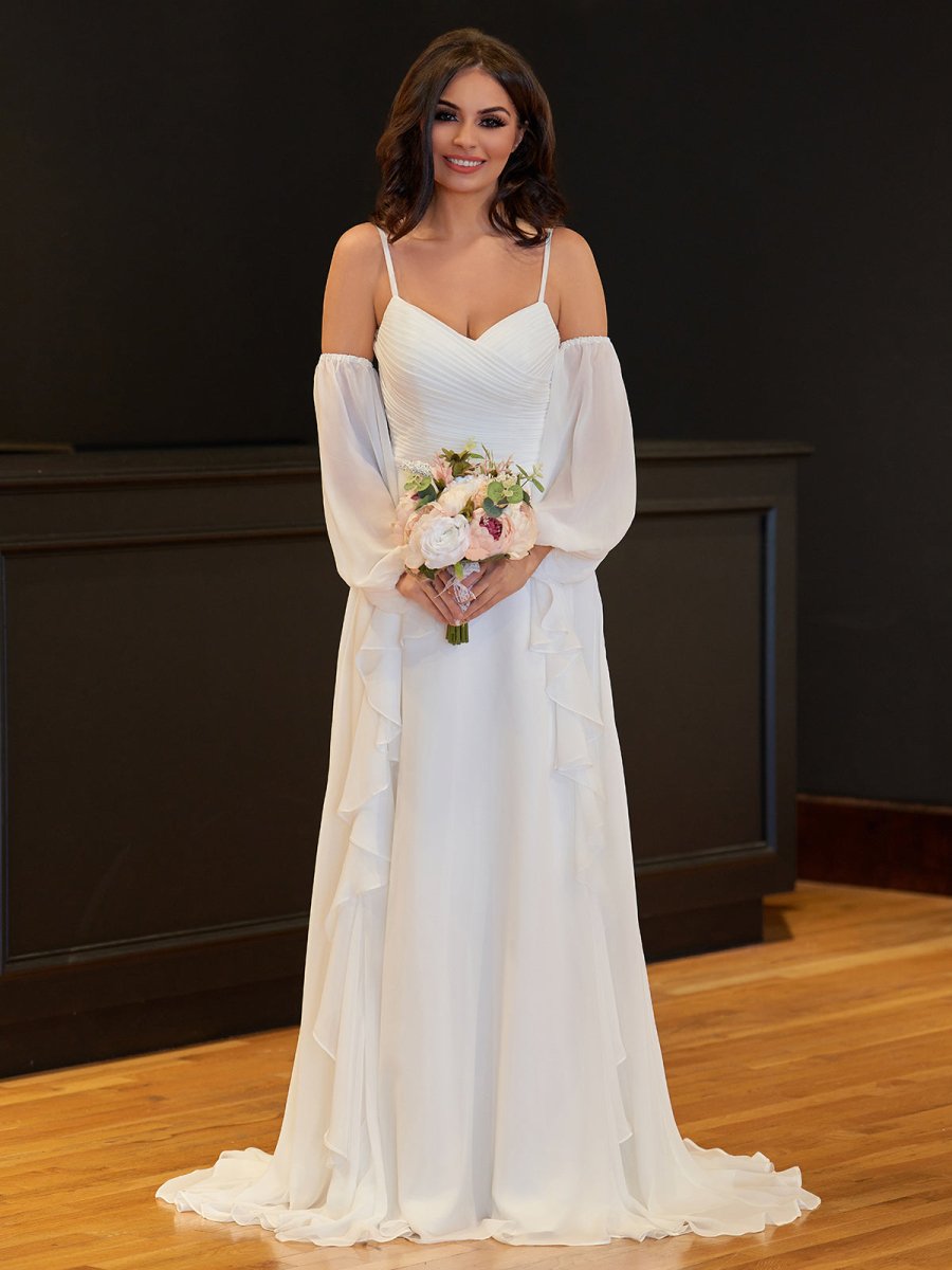 A - Line Chiffon Detachable Puffy Sleeves Wedding Dress - KissProm