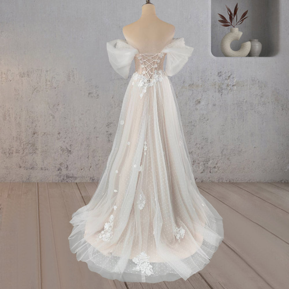 A-Line Floral Appliques Polka Dots Wedding Dress with Slit