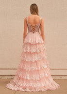 Pink Princess A Line Off the Shoulder Corset Prom Dress with Lace Ruffles - KissProm