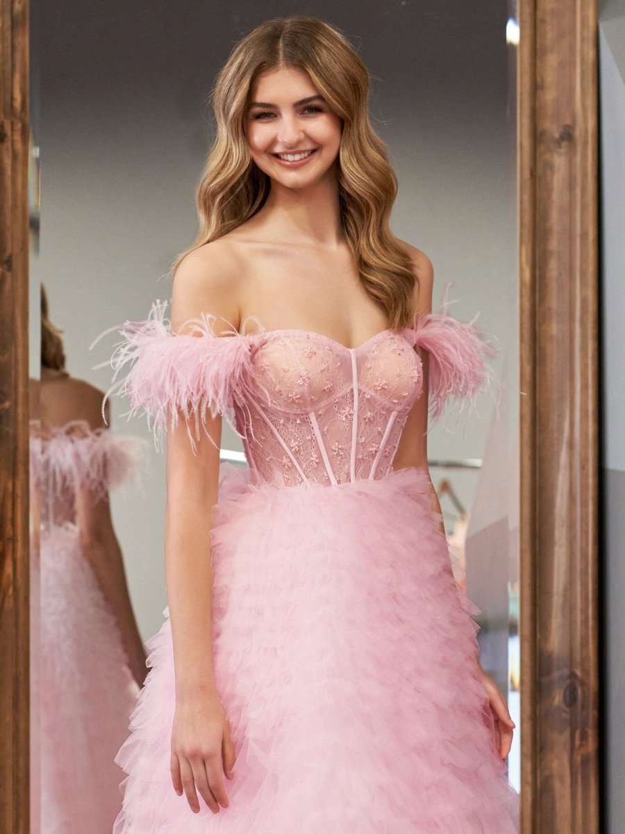 Ingrid |A Line Sweetheart Tiered Tulle Long Prom Dress With Slit - KissProm