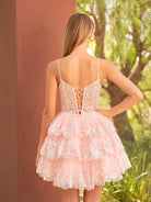 Reana | A - Line Pink Sequins Tiered V - Neck Short Homecoming Dress - KissProm