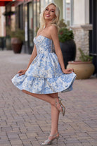 Thora | A - Line Strapless Blue Satin Short Homecoming Dresses with Pockets - KissProm